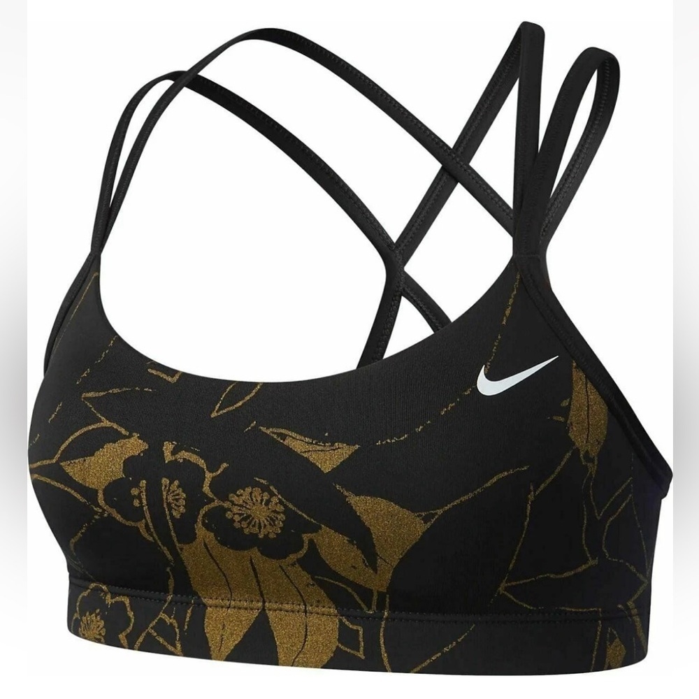 Nike Dri-Fit Sakura Gold Floral Print Sports Bra in Black Women’s Size Small